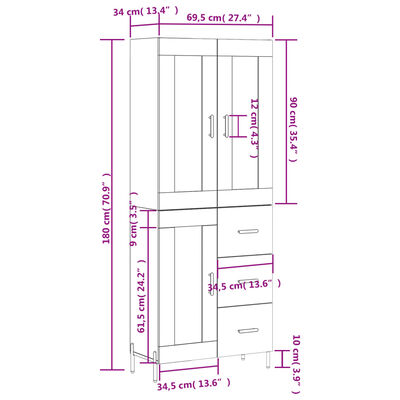 vidaXL Hár Skápur Steypugrár 69,5x34x180 cm Samsettur Viður