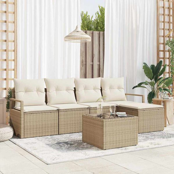 vidaXL S&oacute;fasett me&eth; p&uacute;&eth;i me&eth; geymslu 6 pcs Beige og krem p&oacute;l&yacute;rattan