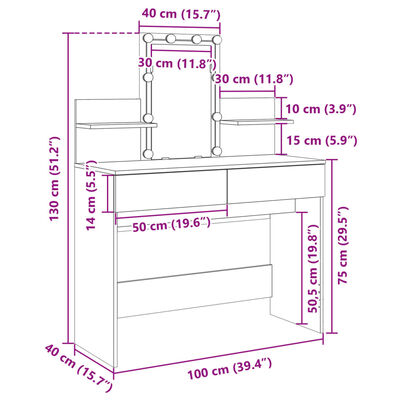 vidaXL Snyrtiborð með LED Ljósum Grátt Sonoma 100x40x130 cm