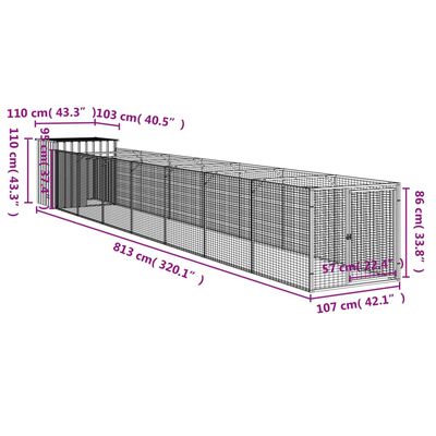 vidaXL Hundakofi með Útisvæði Reykgrár 110x813x110 cm Sinkhúðað Stál