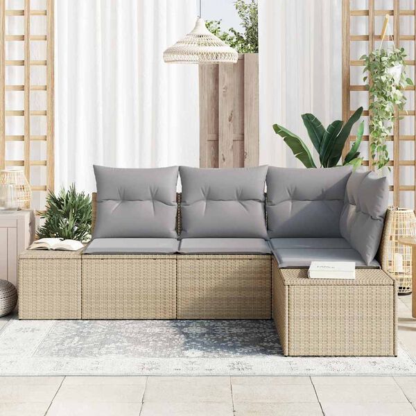 vidaXL Gar&eth;s&oacute;fa sett me&eth; geymslu 4 pcs Beige og lj&oacute;sgr&aacute;r p&oacute;l&yacute;rattan