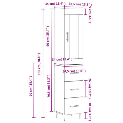 vidaXL Hár Skápur Grár Sonoma 34,5x34x180 cm Samsettur Viður