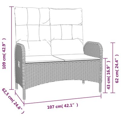 vidaXL Hallanlegur Garðbekkur með Sessum 107 cm Svartur Pólýrattan