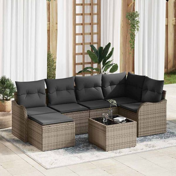 vidaXL Gar&eth;s&oacute;fa sett me&eth; p&uacute;&eth;i 7 pcs Gr&aacute;r Poly rattan