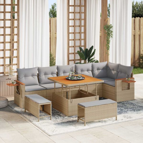 vidaXL Garðsófa sett með púði 11 pcs Beige og ljósgrár pólýrattan