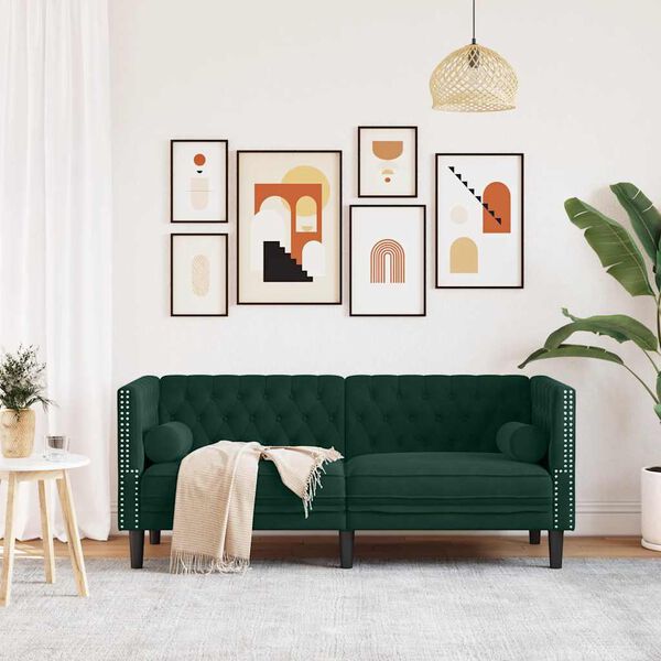 vidaXL Chesterfield S&oacute;fi me&eth; Skrautp&uacute;&eth;um 2-s&aelig;ta D&ouml;kkgr&aelig;nn Flauel