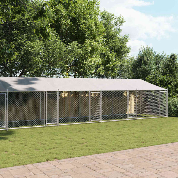 vidaXL Hundab&uacute;r me&eth; &THORN;aki og Hur&eth; Gr&aacute;tt 12x2x2 m Sinkh&uacute;&eth;a&eth; St&aacute;l