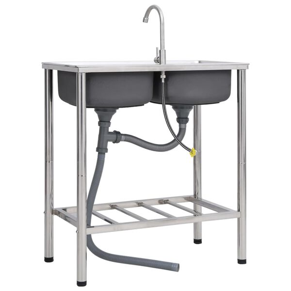 vidaXL &Uacute;tileguvaskur Tv&aelig;r Handlaugar me&eth; Krana Ry&eth;fr&iacute;tt St&aacute;l