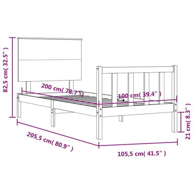 vidaXL Rúmgrind með Höfuðgafli Svartur 100x200 cm Gegnheil viðar