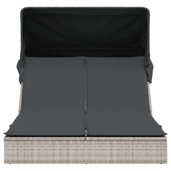 vidaXL Tv&ouml;faldur S&oacute;lbekkur me&eth; Skyggni og Sessum Lj&oacute;sgr&aacute; P&oacute;l&yacute;rattan