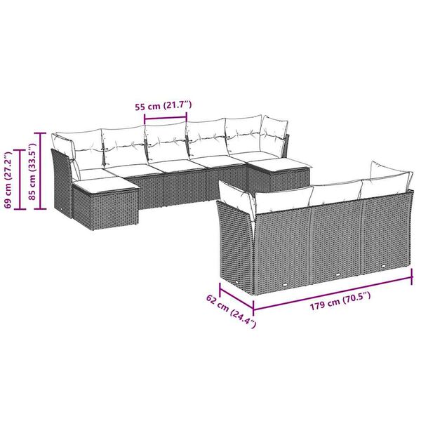 vidaXL 10 Hluta Gar&eth;s&oacute;fasett me&eth; Sessum Lj&oacute;sgr&aacute;tt P&oacute;l&yacute;rattan