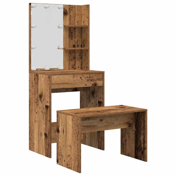 vidaXL Snyrtiborðssett með LED gamall viður Samsettur Viður