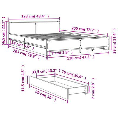 vidaXL Rúmgrind með Skúffum án Dýnu Reyktóna Eikarlitur 120x200 cm