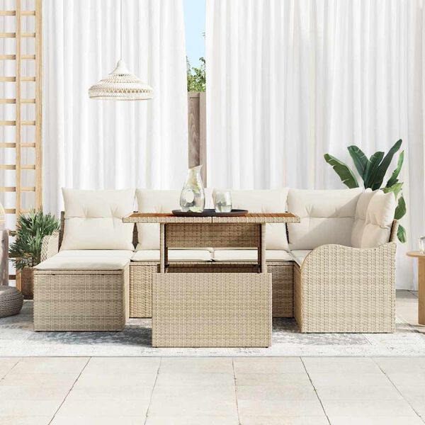 vidaXL Garðsófa sett með geymslu 7 pcs Drapplitaður Poly rattan