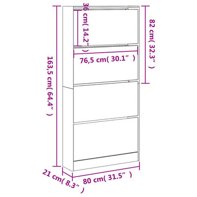 vidaXL Skóskápur með 4 Lóðréttum Skúffum Grár Sonoma 80x21x163,5 cm