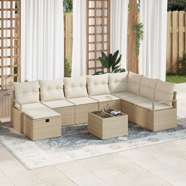 vidaXL S&oacute;fasett me&eth; p&uacute;&eth;i me&eth; geymslu 9 pcs Beige og krem p&oacute;l&yacute;rattan