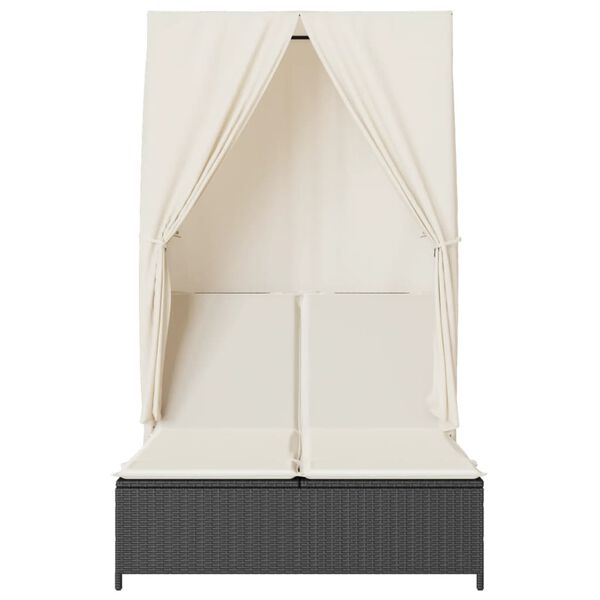 vidaXL Tvöfaldur Sólbekkur með Skyggni og Tjöldum Svart Pólýrattan