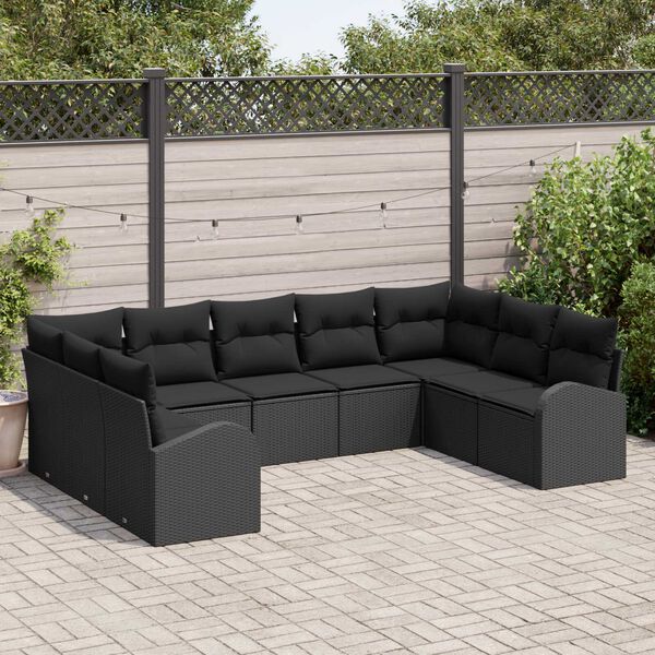 vidaXL Garðsófa sett með púði 9 pcs Svartur Poly rattan
