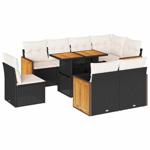vidaXL 9 stykki gar&eth;s&oacute;fasett me&eth; p&uacute;&eth;um Black Poly Rattan Acacia