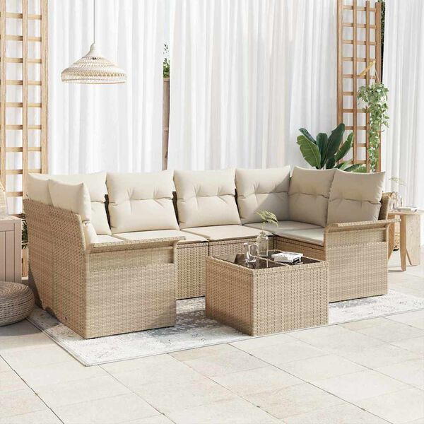 vidaXL Gar&eth;s&oacute;fa sett 7 pcs Beige og krem 55 x 55 x 37 cm p&oacute;l&yacute;rattan