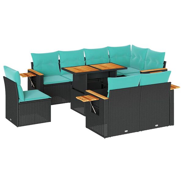 vidaXL 9 stykki gar&eth;s&oacute;fasett me&eth; p&uacute;&eth;um Black Poly Rattan Acacia