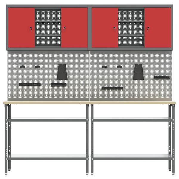 vidaXL Vinnubekkur sett me&eth; hillu 8 pcs Rau&eth;ur og Gr&aacute;r Dufth&uacute;&eth;a&eth; st&aacute;l