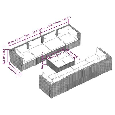 vidaXL 9 Parta Garðsófasett með Púðum Pólýrattan Grátt