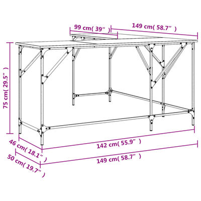 vidaXL Skrifborð Grátt Sonoma Eik 149x149x75 cm Samsettur Viður