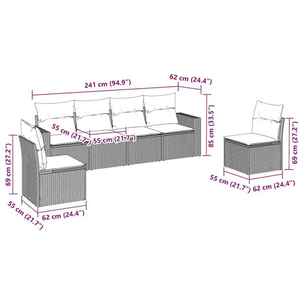 vidaXL 6 Hluta Gar&eth;s&oacute;fasett me&eth; S&aelig;tisp&uacute;&eth;um Svart P&oacute;l&yacute;rattan