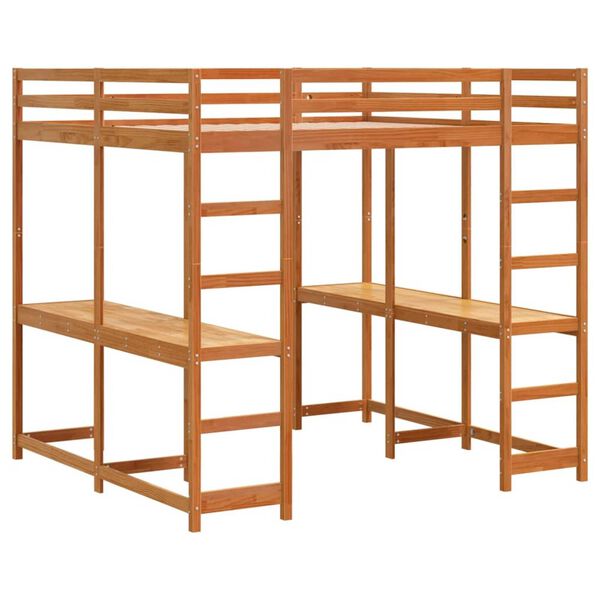 vidaXL Koja með Skrifborði og Stiga Vaxbrúnn 160x200 cm Gegnheil Fura