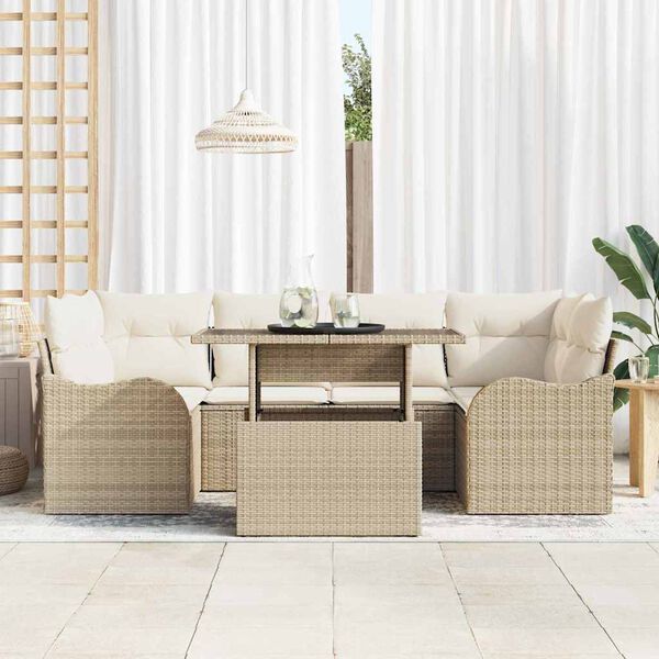 vidaXL Gar&eth;s&oacute;fa sett me&eth; p&uacute;&eth;i me&eth; kodda 7 pcs Drapplita&eth;ur Poly Rattan