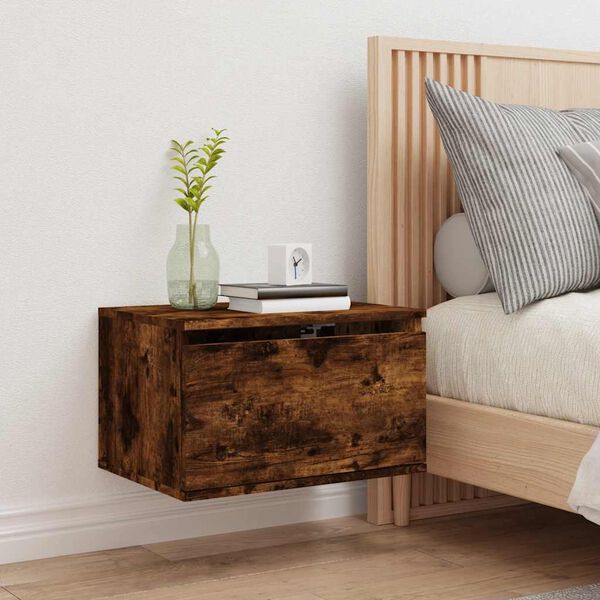 vidaXL Veggfest N&aacute;ttbor&eth; me&eth; LED Lj&oacute;sum Reykt&oacute;na Eikarlitur