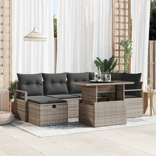 vidaXL Gar&eth;s&oacute;fa sett me&eth; p&uacute;&eth;i me&eth; geymslu 7 pcs Gr&aacute;r Poly rattan