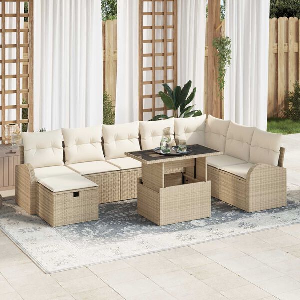 vidaXL Gar&eth;s&oacute;fa sett me&eth; p&uacute;&eth;i 9 pcs Drapplita&eth;ur Poly rattan