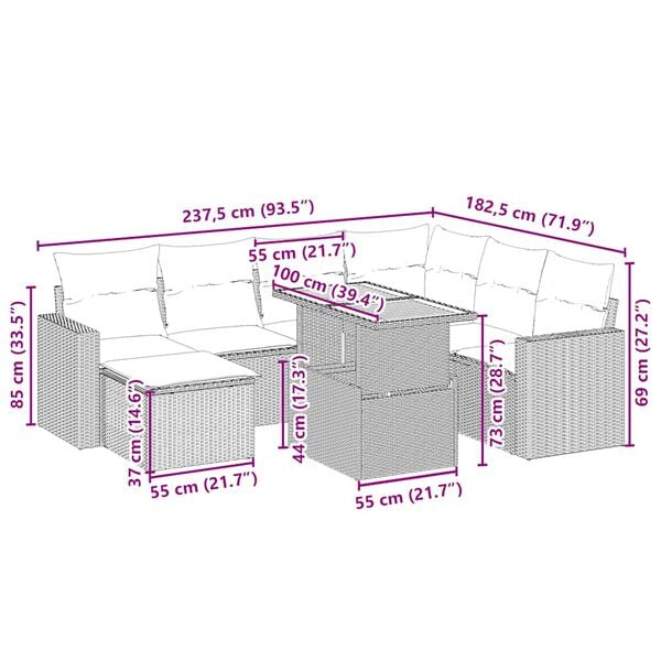 vidaXL 8 Hluta Gar&eth;s&oacute;fasett me&eth; Sessum Drappa&eth; P&oacute;l&yacute;rattan
