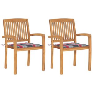 vidaXL Garðstólar með Rauðköflótt Sessum 2 stk. Gegnheill Tekkviður