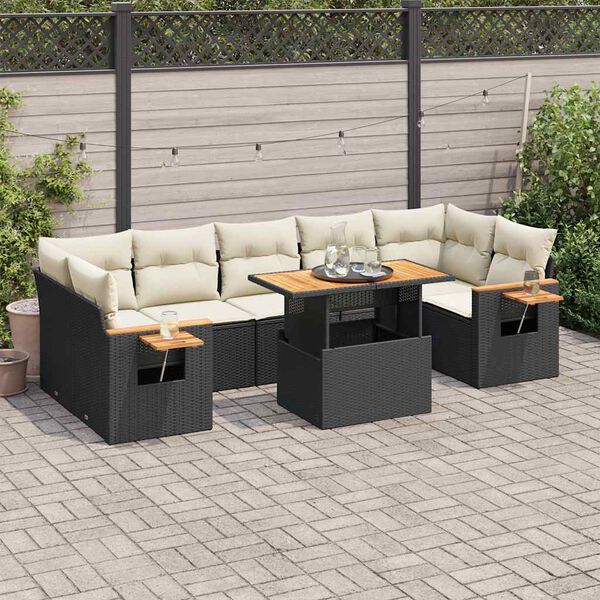 vidaXL 8 stykki garðsófasett með púðum Black Poly Rattan Acacia