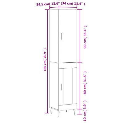 vidaXL Skenkur hvítt 34,5x34x180 cm Samsettur Viður