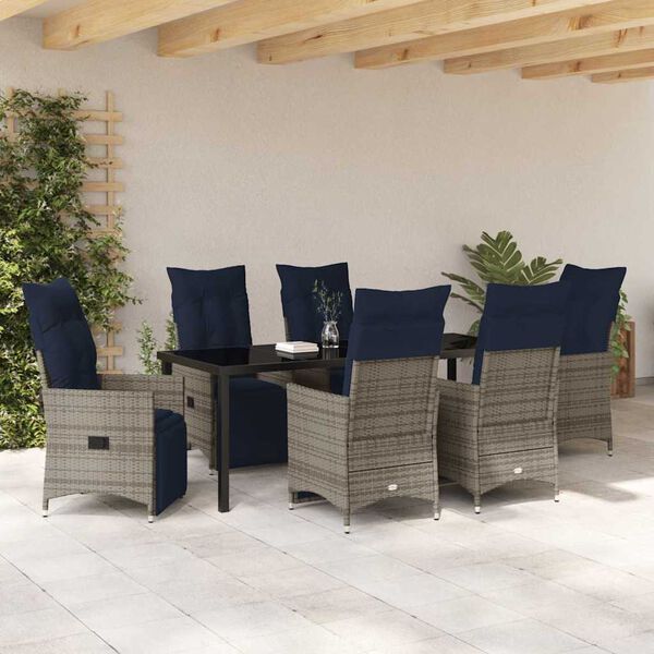 vidaXL Bor&eth; og st&oacute;laflokkur me&eth; p&uacute;&eth;i 7 pcs Gr&aacute;r PE rattan