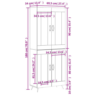 vidaXL Hár Skápur Svartur 69,5x34x180 cm Samsettur Viður