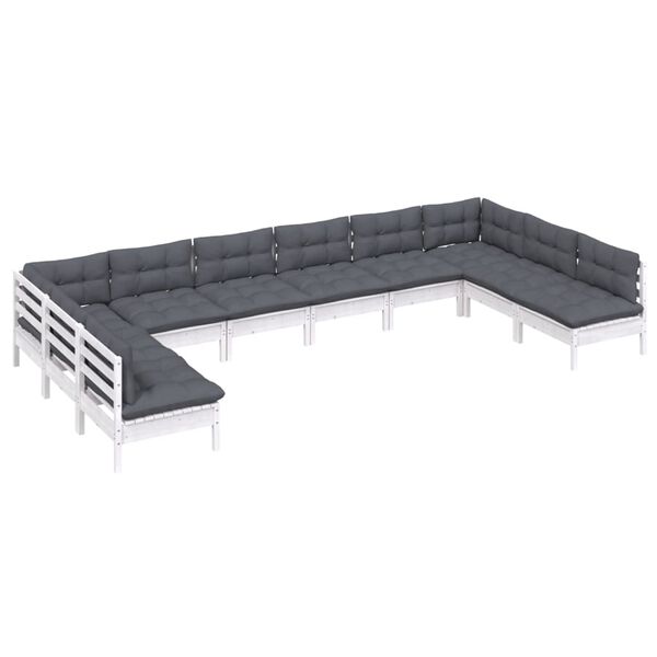 vidaXL 10 hluta Gar&eth;s&oacute;fasett me&eth; Sessum Hv&iacute;tur Gegnheil Furuvi&eth;ur