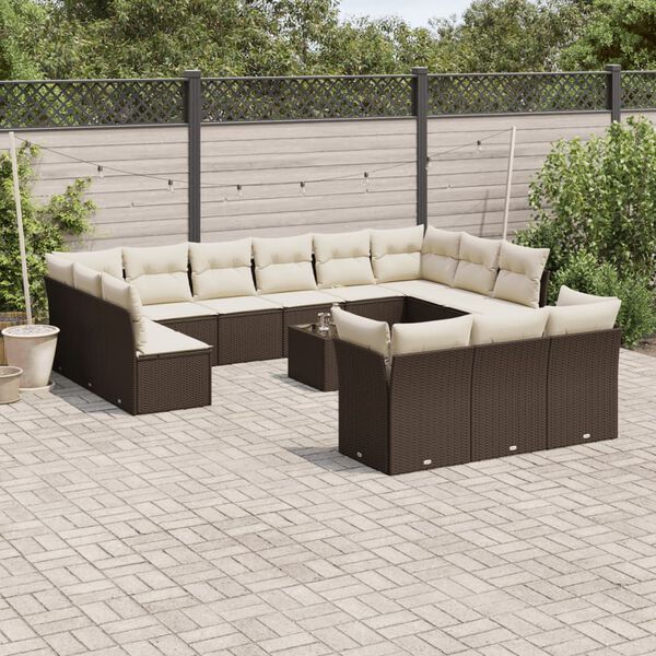 vidaXL 14 bita gar&eth;s&oacute;fasett me&eth; p&uacute;&eth;um Brown Poly Rattan