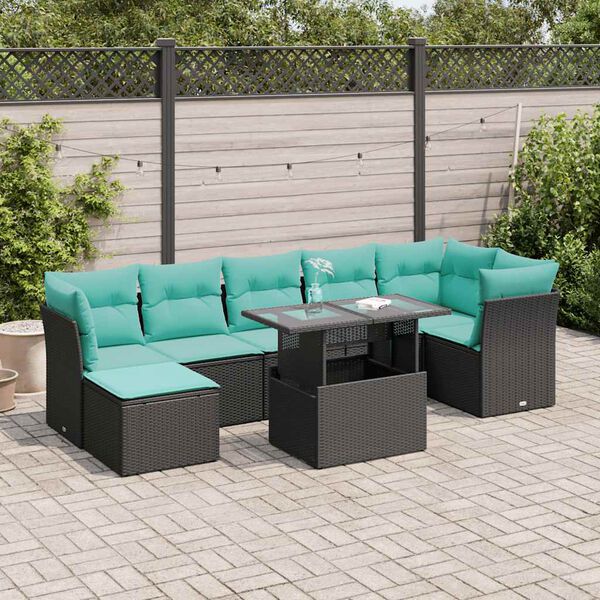 vidaXL 8 stykki gar&eth;s&oacute;fasett me&eth; p&uacute;&eth;um Black Poly Rattan Acacia