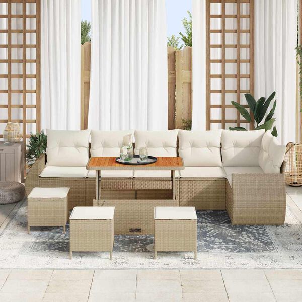 vidaXL Gar&eth;s&oacute;fa sett me&eth; p&uacute;&eth;i 10 pcs Beige og krem Poly Rattan