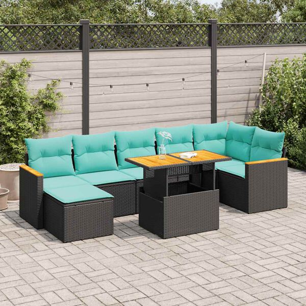 vidaXL 8 stykki gar&eth;s&oacute;fasett me&eth; p&uacute;&eth;um Black Poly Rattan Acacia
