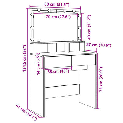 vidaXL Snyrtiborð með LED ljósum Reyktóna Eikarlitur 80x41x134,5 cm