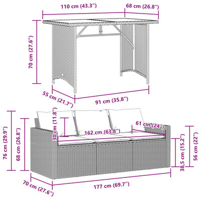 vidaXL 2 stykki garðborðstofusett með púðum Black Poly Rattan