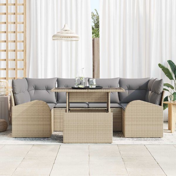 vidaXL Gar&eth;s&oacute;fa sett me&eth; p&uacute;&eth;i me&eth; kodda 7 pcs Drapplita&eth;ur Poly Rattan