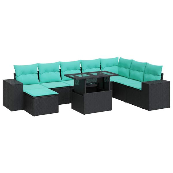 vidaXL 9 stykki gar&eth;s&oacute;fasett me&eth; p&uacute;&eth;um Black Poly Rattan Acacia
