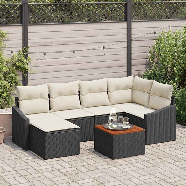 vidaXL Garðsófa sett með púði 7 pcs Svartur Poly rattan